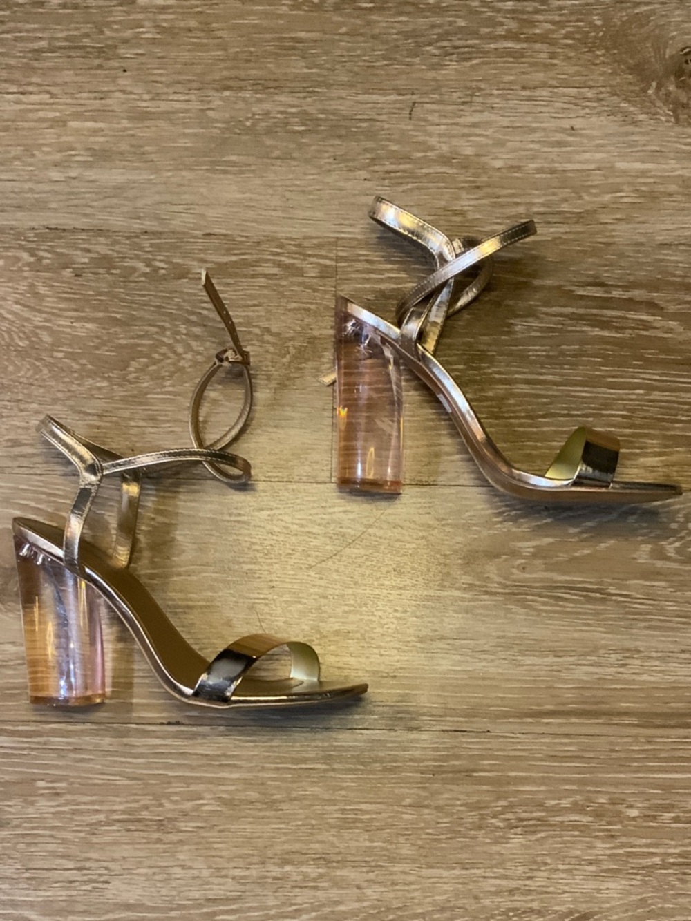 Call It Spring Metallic Rose Gold Sandals with Clear Block Heel